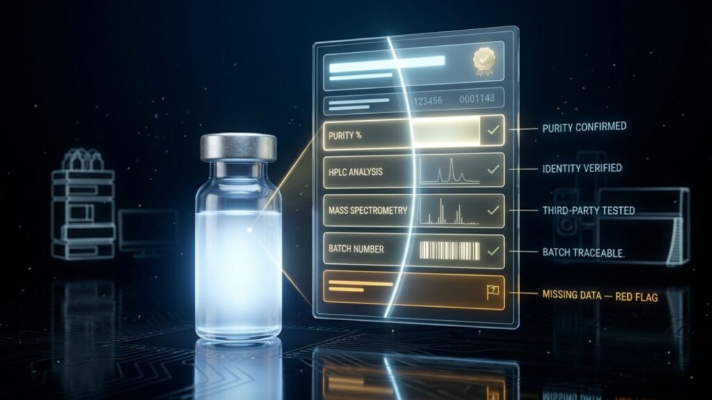 Peptide COA report showing purity test results